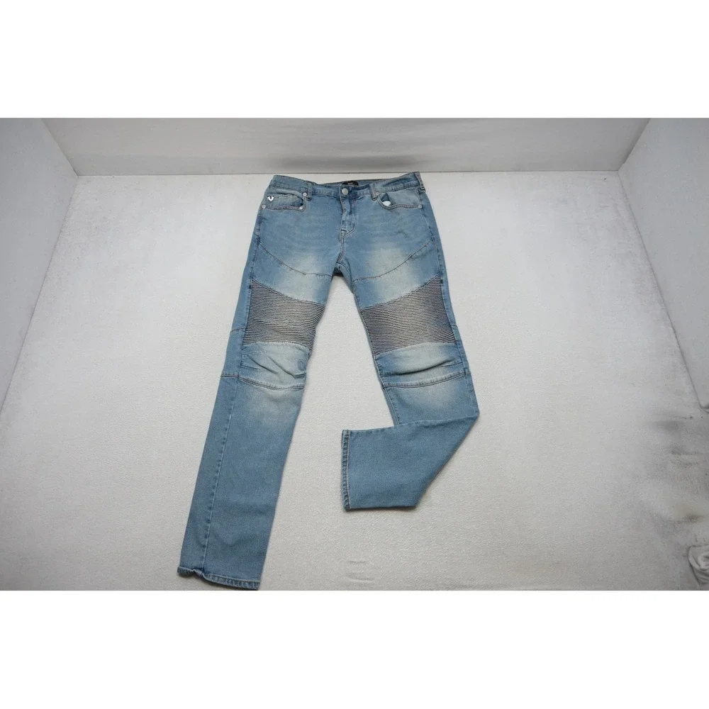 True Religion Rocco Relaxed Skinny Jeans Mens 34x34 Blue Moto Biker Ribbed Denim